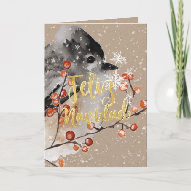 Feliz Navidad Kraft Paper Winter Sparrow & Berries (Anverso)