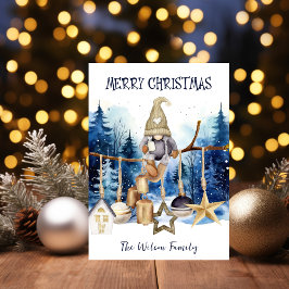 Feliz Navidad Lady Gnome en el bosque azul