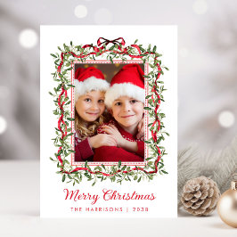 Feliz Navidad Lazos Rojos Verdor Foto Acuarela