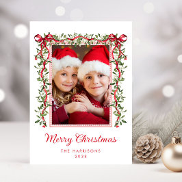 Feliz Navidad Lazos Rojos Verdor Foto Acuarela