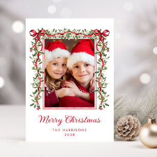 Feliz Navidad Lazos Rojos Verdor Foto Acuarela