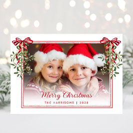 Feliz Navidad Lazos Rojos Verdor Foto Acuarela