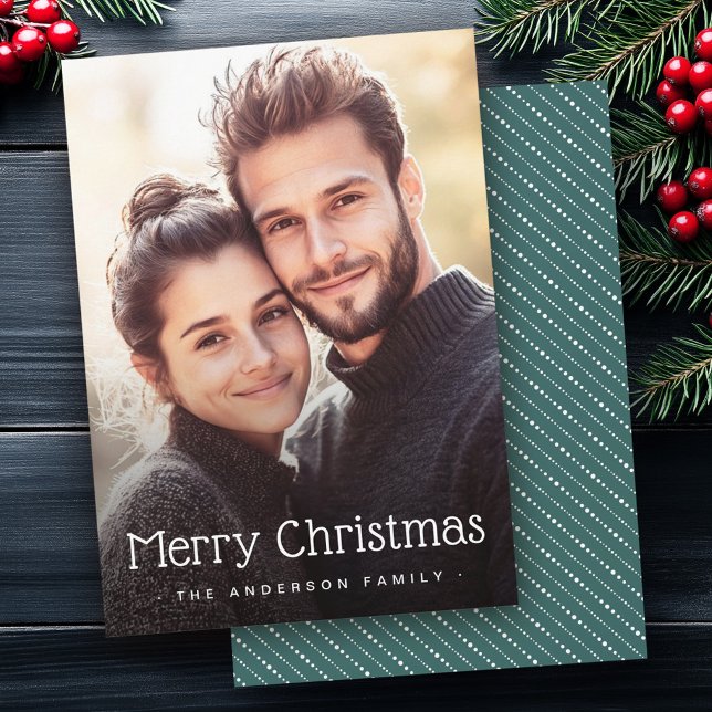 Feliz Navidad linda franjas punteadas foto verde (Merry Christmas cute dotted stripes green photo Holiday Card)