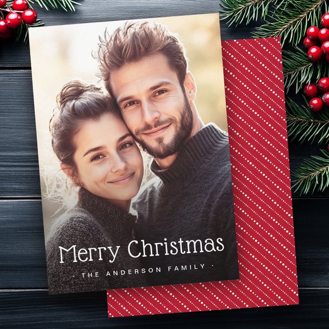 Feliz Navidad linda tira punteada rayas rojas foto (Merry Christmas cute dotted stripes red photo Holiday Card)