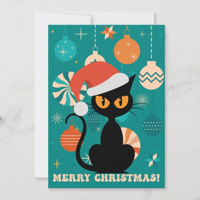 Feliz Navidad MidCentury Gato moderno en Santa Hat (Anverso)