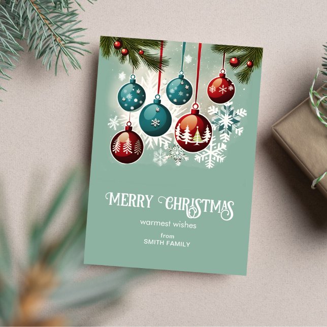 Feliz Navidad mitad de siglo verde retro (Merry Christmas midcentury retro sage teal green Holiday Card baubles pines snowflakes muted colors)