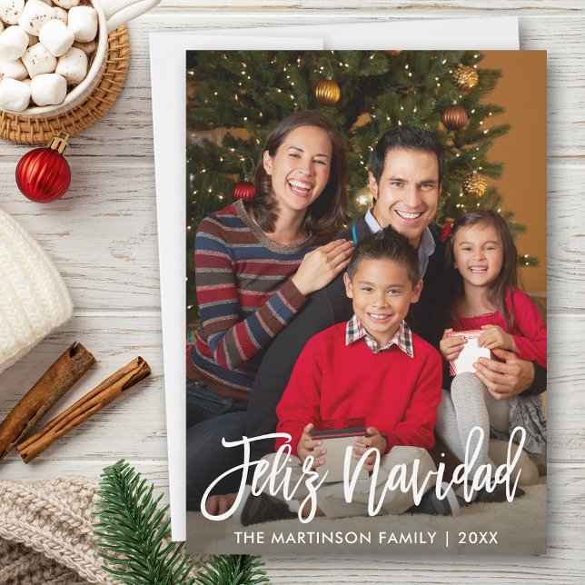 Feliz Navidad Modern Brush Script Family Photo (Customize to add text to back of card.)