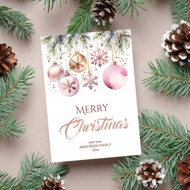 Feliz Navidad moderna boho acuarela metálica (Merry Christmas holiday greeting card template digital template rose gold metallic baubles pines)