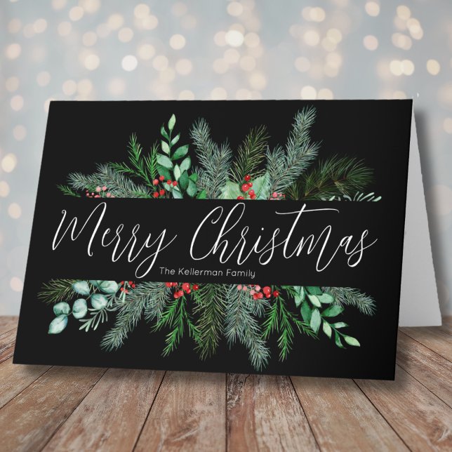Feliz Navidad Moderna Elegante Verdor (Modern Black Elegant Greenery Merry Christmas Holiday Card)