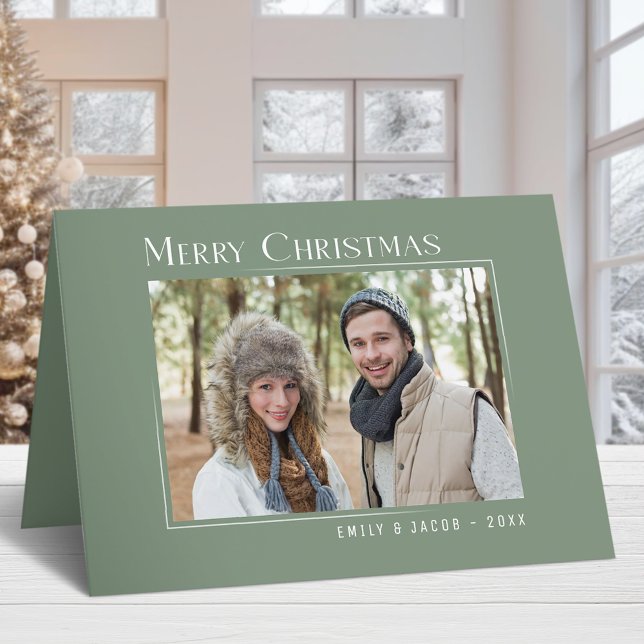 Feliz Navidad Moderna foto familiar elegante verde (Available in high quality print or digital download for quick text messaging, email or self print.)