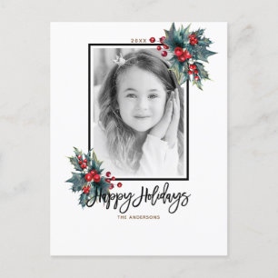Feliz Navidad Modernas Bayas de Acebo y Rayas Foto