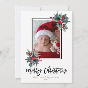 Feliz Navidad Modernas Bayas de Acebo y Rayas Foto