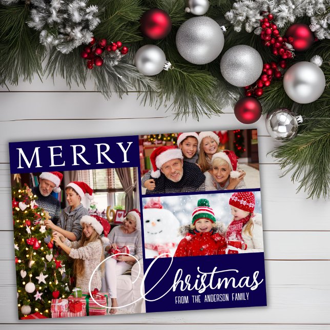Feliz Navidad Moderno, Azul Y Blanco Tres Fotograf (Merry Christmas Modern Blue And White Three Photo Holiday Card)