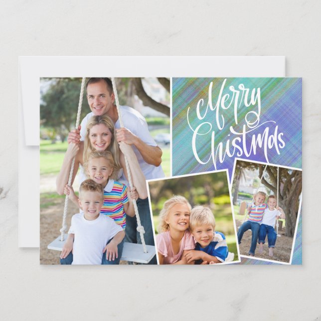 Feliz Navidad Moderno Blue Plaid Three Photo (Anverso)
