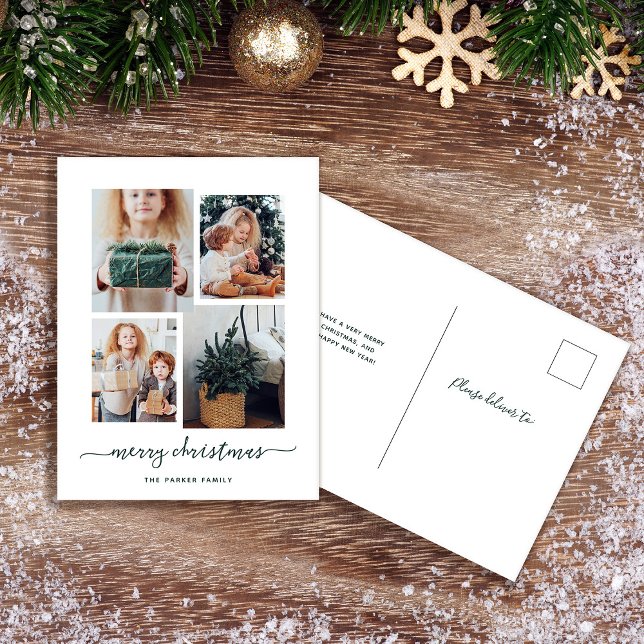 Feliz Navidad | Moderno Collage de fotos Cuatro (A simple and stylish holiday postcard with a four photo collage and trendy script)
