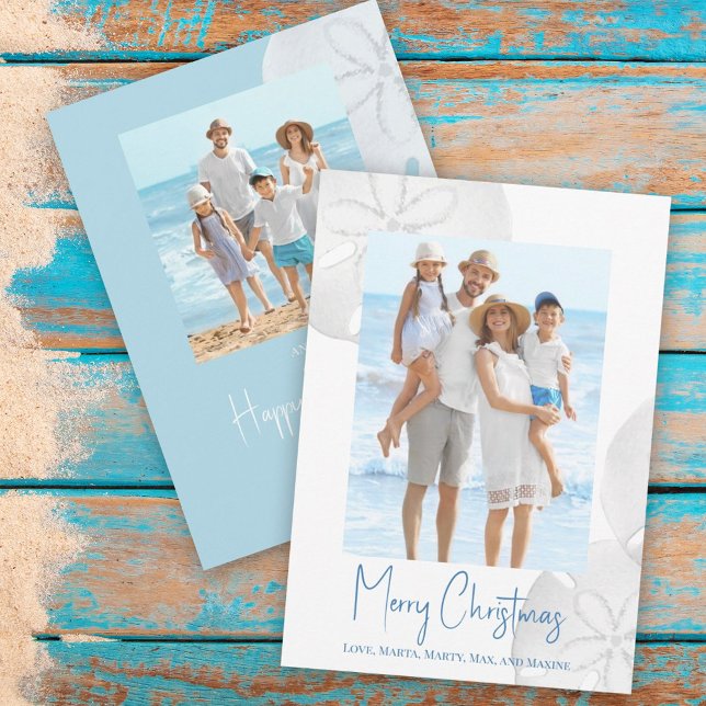 Feliz Navidad Moderno y simple dólar de arena azul (Christmas Holiday Tropical Blue Beach Photo Card with a two-photo template.)