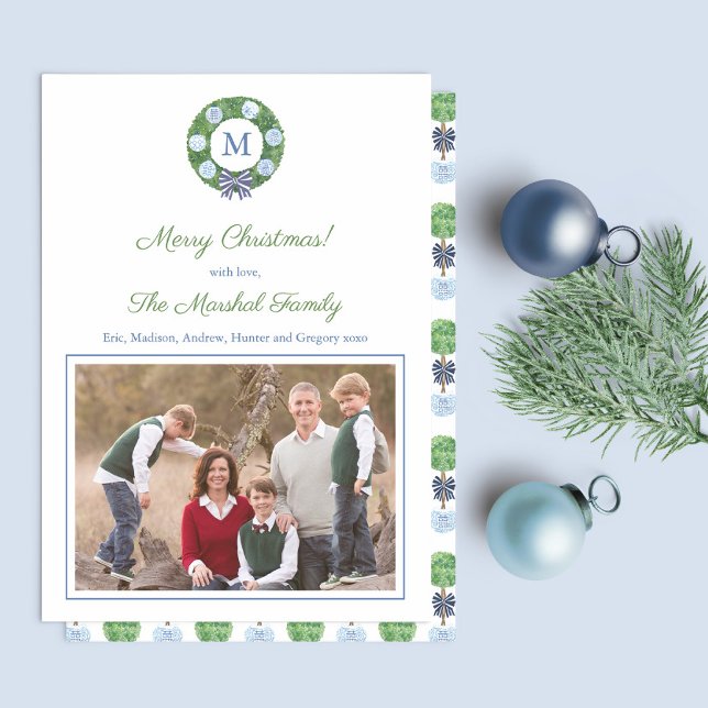 Feliz Navidad Monograma Watercolor Boxwood Wreath (Preppy boxwood with blue bow chinoiserie holiday photocard design)