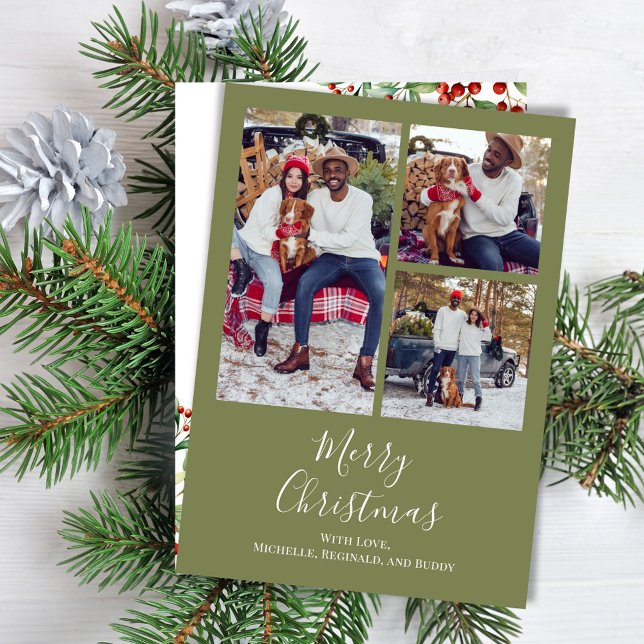 Feliz Navidad Multi Foto Botánica Red Holly (Celebrate the Holidays in style with watercolor greenery and bold solid dark green. )