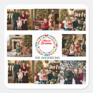 Feliz Navidad Multi Foto Familia Pegatina Cuadrada