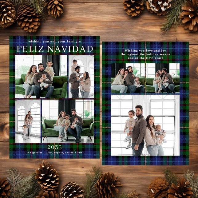Feliz Navidad Multi Photo Grren Plaid Holiday Card (Subido por el creador)