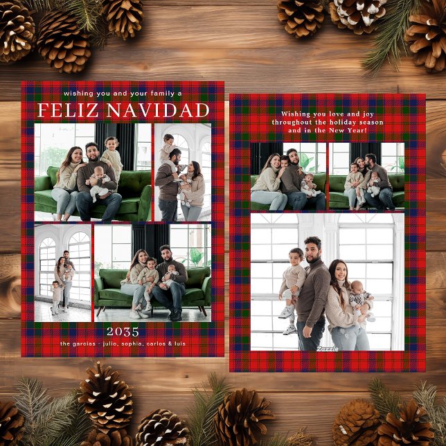 Feliz Navidad Multi Photo Red Plaid Holiday Card (Subido por el creador)