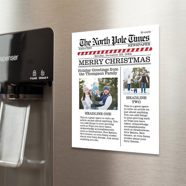 Feliz Navidad Multifoto Divertido Polo Norte Nuevo (Christmas photo magnetic card template with a newspaper print theme. )