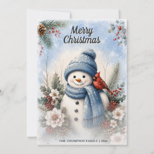 Feliz Navidad Muñeco de Nieve Cardenal Acuarela In