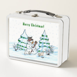 ¡Feliz Navidad! Muñeco de nieve con gato y cachorr