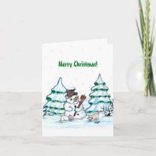 ¡Feliz Navidad! Muñeco de nieve con gato y cachorr