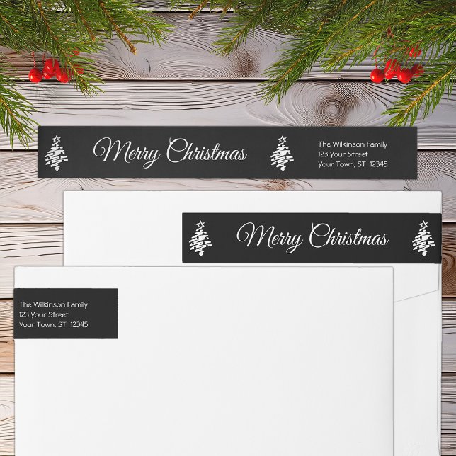 Feliz Navidad Negro Regreso de Navidad Moderno Add (Merry Christmas Black Modern Holiday Return Addy Wrap Around Label)