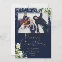 Feliz Navidad Nieve Floral De Oro Y Foto Azul