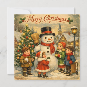 Feliz Navidad Niños Antiguos con Muñeco de Nieve 