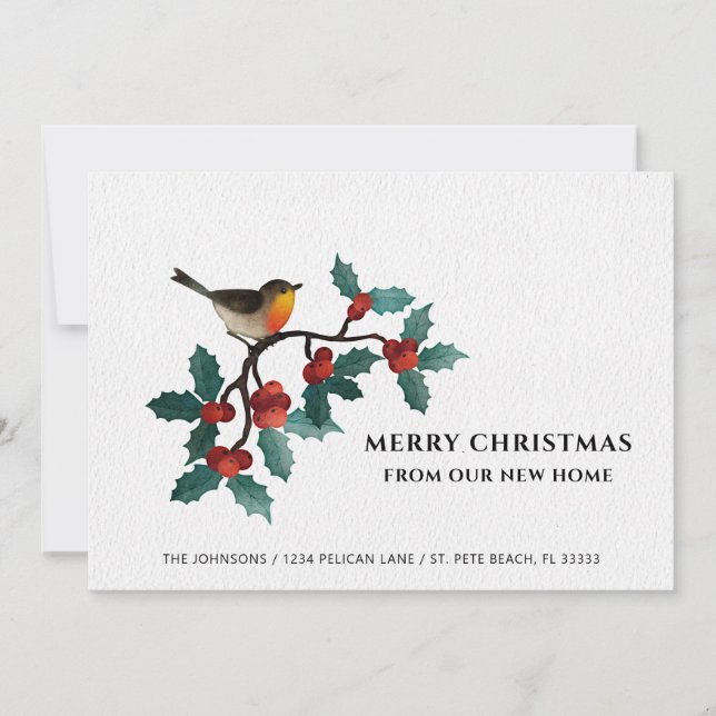 Feliz Navidad Nueva Casa Cute Bird Holly Berries (Anverso)