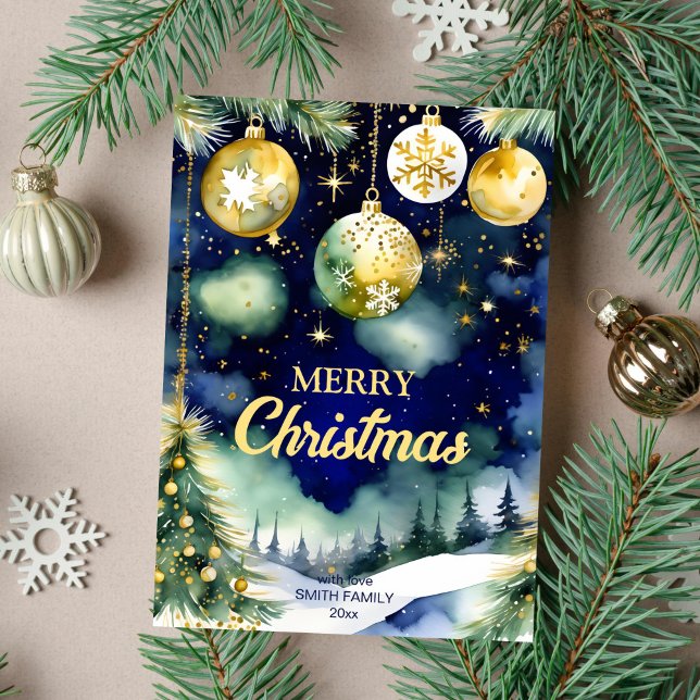 Feliz Navidad oro bautizos noche acuarela (Merry Christmas holiday greeting card template digital download watercolor gold baubles starry night)