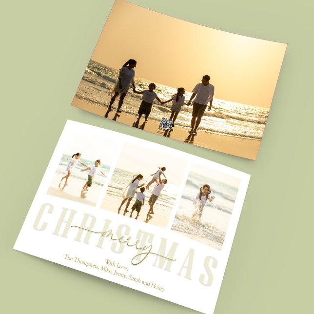 Feliz Navidad Oro Elegante caligrafía 4 Foto (Merry Christmas gold typography-style photo card with a four-photo template. )