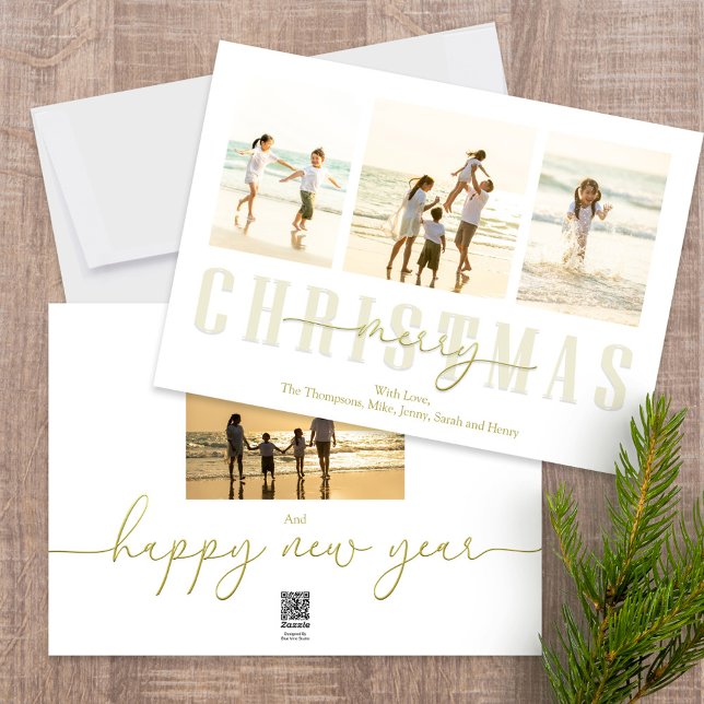 Feliz Navidad Oro Elegante caligrafía 4 Foto (Merry Christmas gold typography style photo card with a four photo template. )