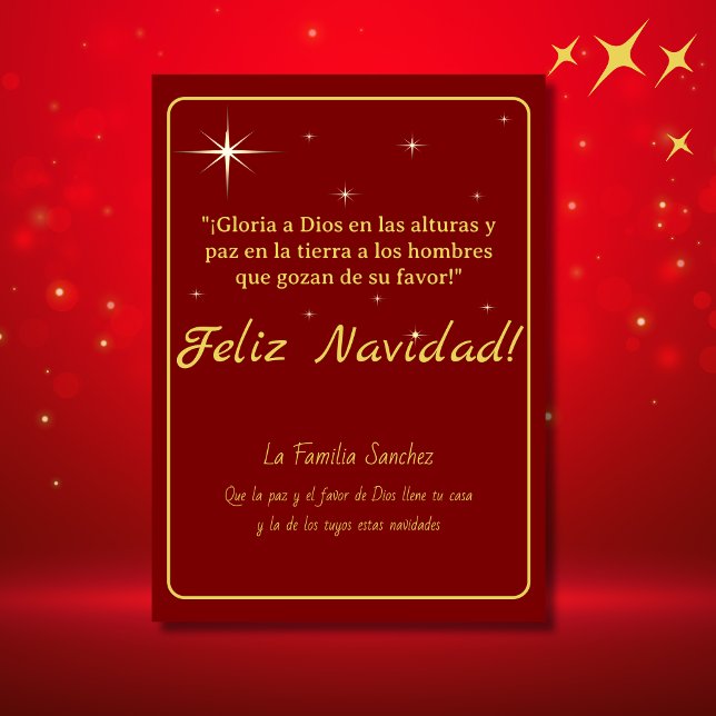 Feliz Navidad Oro & Rojo Lucas 2:14 Verso (Spanish Christmas Card Red, personalized text & greeting, bible verse. Con jesús en el camino)