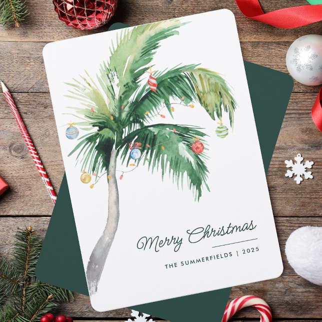 Feliz Navidad Palma Árbol Costa Tropical (Merry Christmas Palm Tree Tropical Coast Holiday Card)