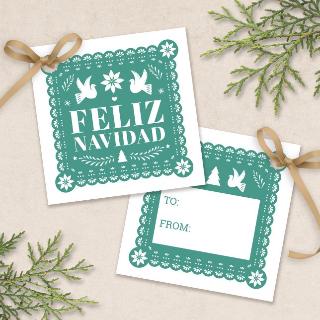 Feliz Navidad Papel Picado Etiqueta de regalo (Feliz Navidad Papel Picado Gift Tag by Fiesta Valley Print)