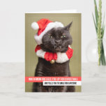 Feliz Navidad para cualquier gato en Santa Hat<br><div class="desc">¡Envíen este diseño tipo meme con un gracioso gato negro haciendo una cara graciosa mientras posa para una foto en su sombrero de Papá Noel y cuello festivo! ¡Una forma segura de hacer reír a cualquiera cuando les deseas una Feliz Navidad!</div>