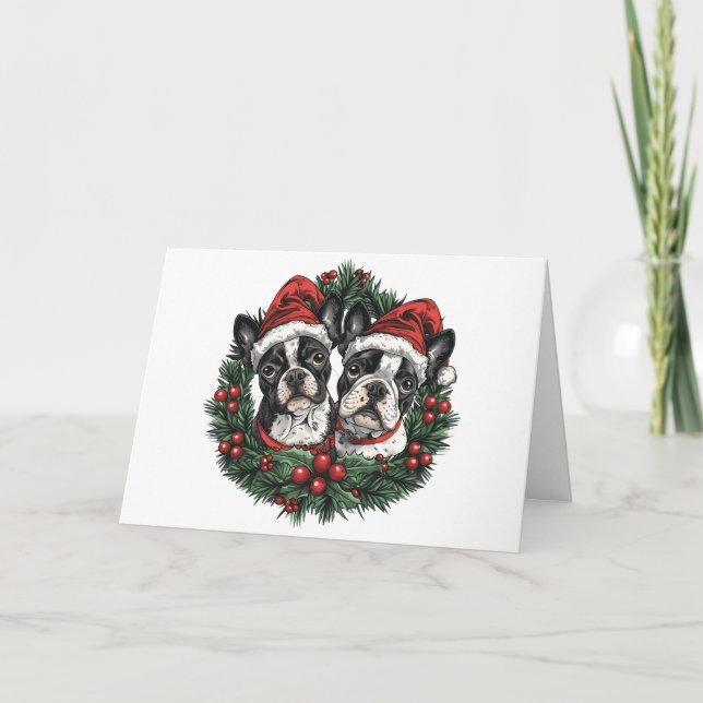 Feliz Navidad Perros Boston Terrier Corona de Navi (Anverso)