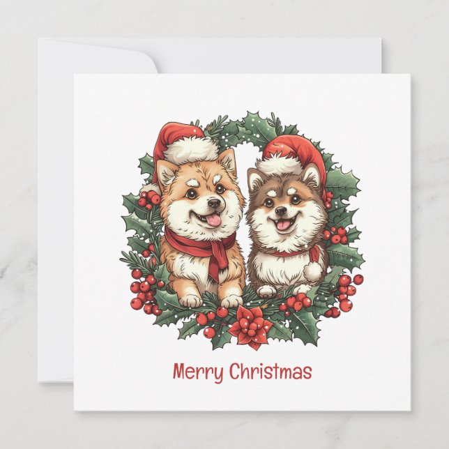 Feliz Navidad Perros Pomeranos Mistletoe Wreath (Anverso)