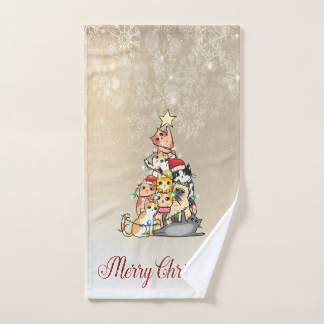 Feliz Navidad, Pine Tree Cats Snowflakes (Toalla de mano)