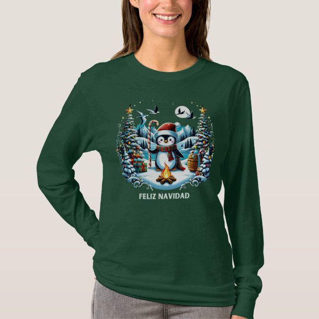Feliz Navidad Pingüino camiseta con mangas largas (Anverso)