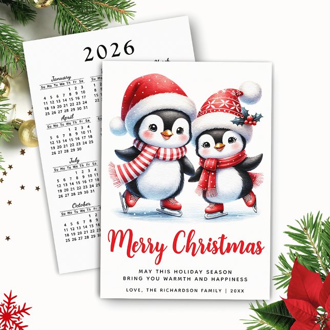 Feliz Navidad Pingüinos de Patinaje de Hielo Blanc (Red and White Merry Christmas Card with Funny Ice Skating Penguins and 2026 Calendar)