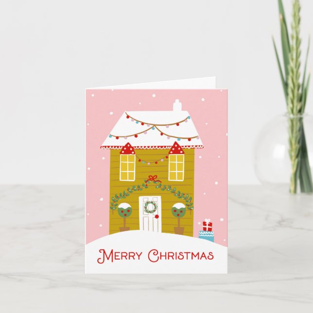 Feliz Navidad Pink Gingerbread House Card (Anverso)