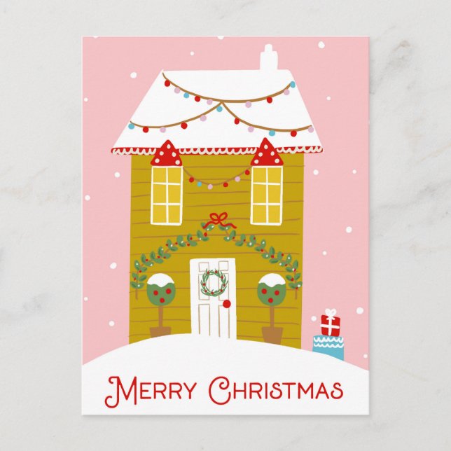 Feliz Navidad Pink Gingerbread House Card (Anverso)