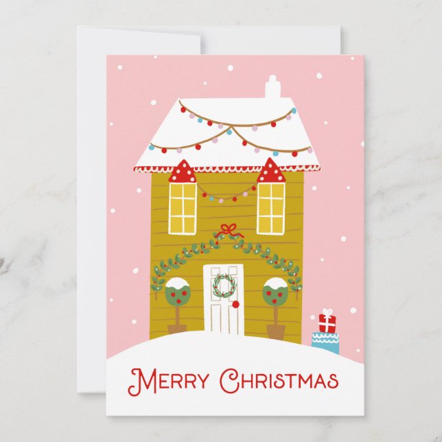 Feliz Navidad Pink Gingerbread House Card (Anverso)