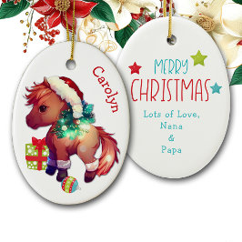 Feliz Navidad Pony Kids Ornamento cerámico