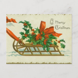 Feliz Navidad - postal vintage, trineo y acebo